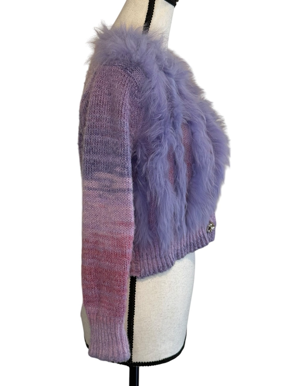 Lavender Feather-Trim Women's Sweater Cardigan - Picture 3 of 4